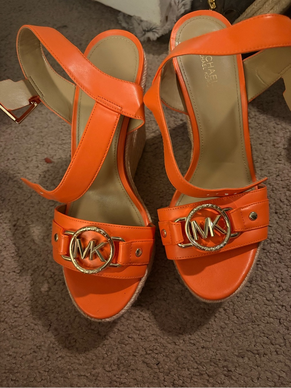 Michael Kors Bright Orange Leather Wedge Sandals with Gold MK Hardware